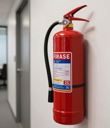 Close-up of a high-quality red fire extinguisher mounted on an off-white wall in a Brazilian office corridor, sharp focus, clean composition, professional setting.