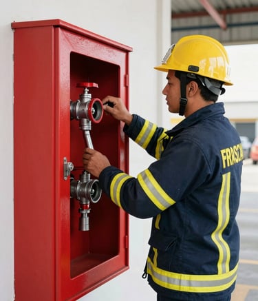 A South American Brazilian fire safety inspector in a navy blue uniform inspecting a red wall-mounted fire hose cabinet in a modern industrial building, bright natural lighting, professional atmosphere.