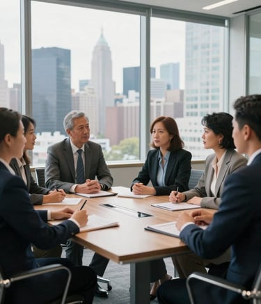 A diverse group of professional tax consultants in a collaborative meeting inside a glass-walled conference room overlooking a US city skyline, dressed in business attire, modern and clean aesthetic, bright natural light.