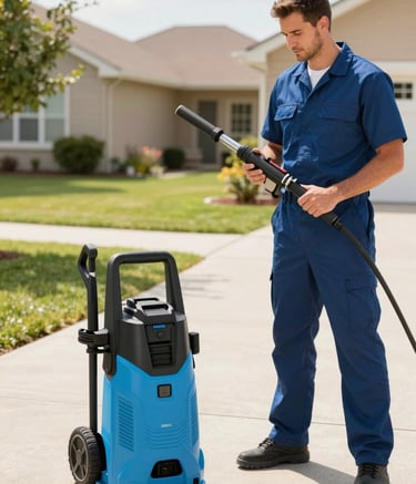 A high-quality photograph of a professional technician in a clean uniform standing next to a modern pressure washer in a bright, sunny North American / US suburban driveway. The scene is bright and professional, incorporating accents of midnight blue and deep ocean blue in the gear.