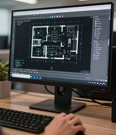 A close-up photograph of a modern computer workstation in a professional office. The monitor displays a complex AutoCAD floor plan with white lines on a black background. A hand is visible using a precision mouse. The lighting is focused and professional, reflecting a high-tech Florida design firm atmosphere.