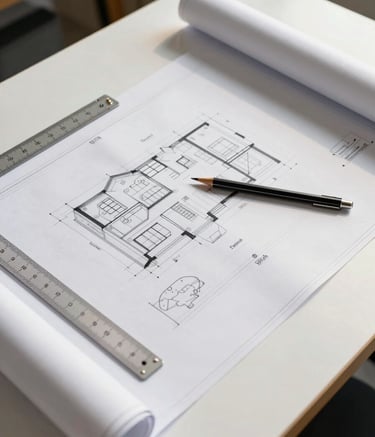 A high-angle professional photograph of a sunlit drafting table in a North American / Florida studio. Large-format custom home blueprints are spread across the white surface. An architectural scale ruler and a mechanical pencil rest on the paper. The scene is bright, with warm natural light and a clean, modern aesthetic using white and light gray tones.