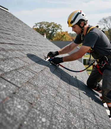 A close-up photograph of a professional roofer installing heavy-duty dark gray shingles on a residential house in North American / NYC. The worker wears a safety harness and reflective gear in bright, natural daylight.