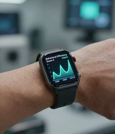 Close-up of a worker's wrist wearing a high-tech industrial smartwatch. The screen displays a 'Behavioral Efficiency Score' with glowing biometric line graphs in #8DBEB7 and #F0F7F5. The background shows blurred industrial equipment in #0A1D2B. Forward-thinking and precise lighting.
