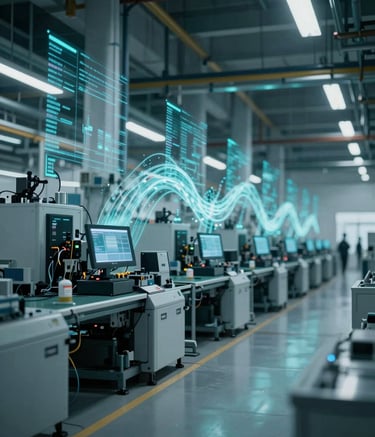 A sophisticated industrial environment with a wide shot of a manufacturing floor. The lighting is cool-toned using #2C5D6C and #0A1D2B. Digital data streams and translucent energy-drift visualizations are overlaid on the machinery to represent invisible operational inefficiencies. Authoritative and high-tech mood.