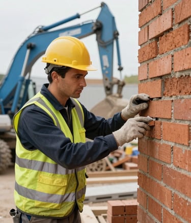 A focused professional mason in European / French safety attire inspecting a brick wall elevation, soft daylight, sharp focus on the quality of the masonry, background features modern construction equipment in muted blue and white tones.