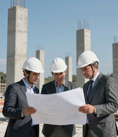 Architects and site managers in white helmets discussing plans on an active construction site in France, structural concrete pillars in the background, professional and trustworthy atmosphere, slate grey and bright blue sky.