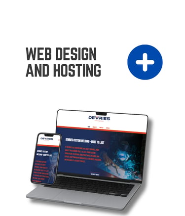 Custom web design and hosting services shown on a responsive laptop and smartphone display.