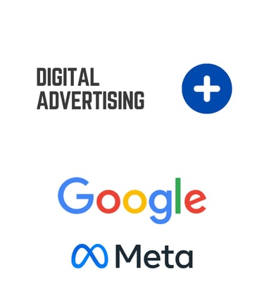 Digital advertising graphic featuring the Google and Meta logo icons for online marketing services.
