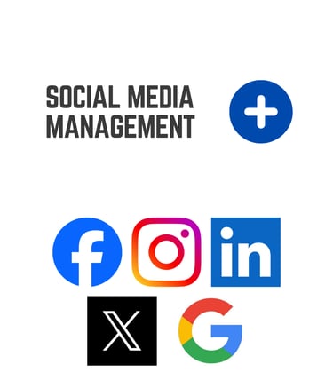 Social media management graphic featuring logos for Facebook, Instagram, LinkedIn, X, and Google.