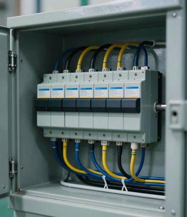 Close-up photography of a professionally installed industrial electrical panel in a Brazilian facility. The wiring is perfectly aligned and color-coded, showcasing high competence and attention to detail. Soft industrial lighting with metallic and blue highlights.