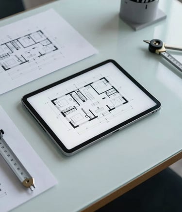 A top-down view of a modern South American architecture studio desk. Visible are technical electrical diagrams, a digital tablet showing a floor plan, and professional measuring tools. The aesthetic is clean and minimalist with light blue and grey tones.