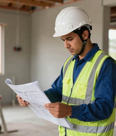Professional electrician in a South American / Brazilian construction site, wearing a white helmet and reflective safety vest, examining a complex electrical blueprint. The lighting is crisp and natural, highlighting a clean and organized work environment with blue and dark green accents.