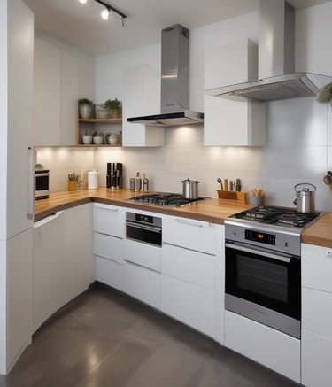 A sleek custom kitchen featuring a modern minimalist design with smooth wooden cabinetry and integrated appliances.
