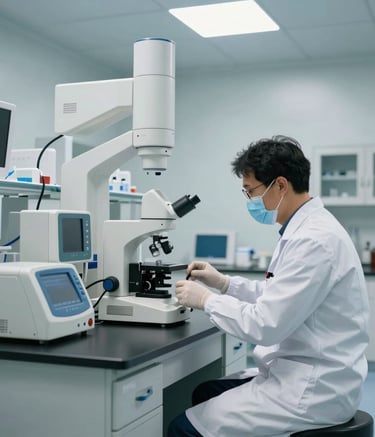 A clean, modern medical laboratory interior in a North American setting with sleek equipment and a researcher in white professional attire. The lighting is bright and airy, using a palette of light blue and off-white.