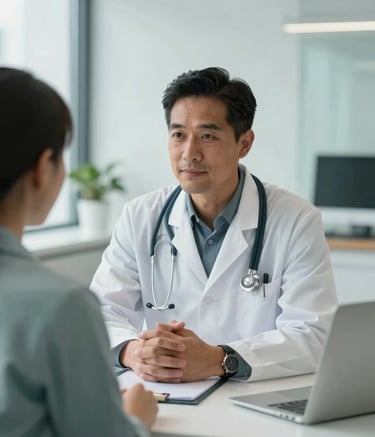 A compassionate North American doctor consulting with a patient in a modern, bright office. The scene is empathetic and professional, featuring soft teal and off-white tones.