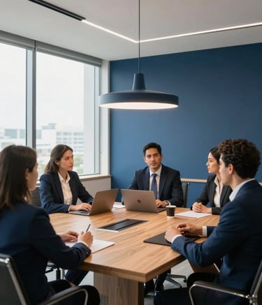 A professional and modern South American / Brazilian office interior. A group of professionals in business attire sits around a light wood conference table. Large windows provide natural light. Minimalist decor includes Navy Blue and Steel Blue accents.