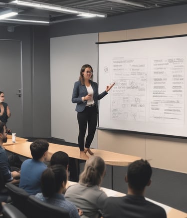 A team collaborating over AI-enhanced project management software on a large screen.