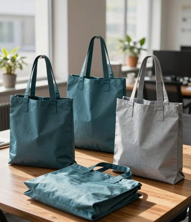 A variety of high-quality customized tote bags in muted teal and soft blue-grey colors, neatly displayed on a wooden table in a contemporary South Asian / Indian office setting with sunlight streaming through large windows.