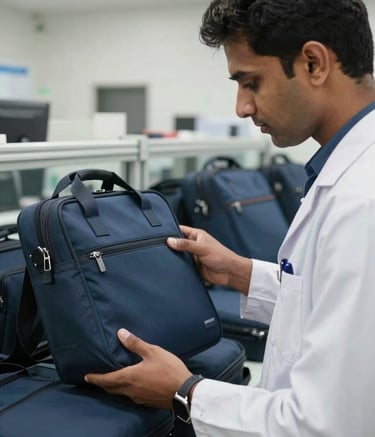 A close-up shot of a professional South Asian / Indian quality assurance specialist inspecting a batch of dark slate blue laptop bags in a brightly lit modern facility. The lighting is crisp and the atmosphere is clean and business-focused.
