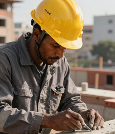 A close-up, high-action photograph of a professional construction expert wearing a vibrant yellow hard hat and charcoal grey safety gear, focused on precision masonry work at a building site in a Southern African urban environment. Bright morning light highlights the textures of the materials.