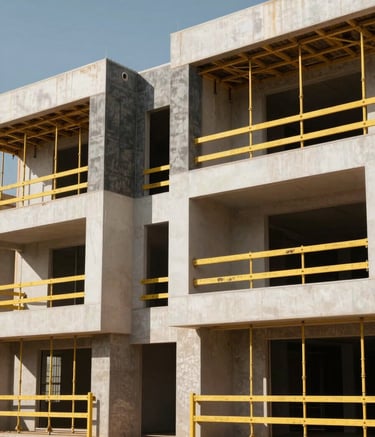 Photography of a modern architectural residential project under construction in a sunny Southern African setting. The scene features clean geometric lines, vibrant yellow scaffolding, and charcoal grey structural elements against a clear sky.