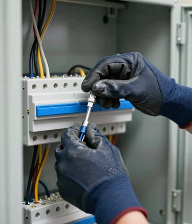 A close-up photograph of a professional electrician's hands in Slate Navy protective gloves, meticulously organized wiring inside a modern electrical panel. The lighting is bright and clear, emphasizing a clean and precise installation. Soft Silver-Blue metallic accents are visible on the tools.