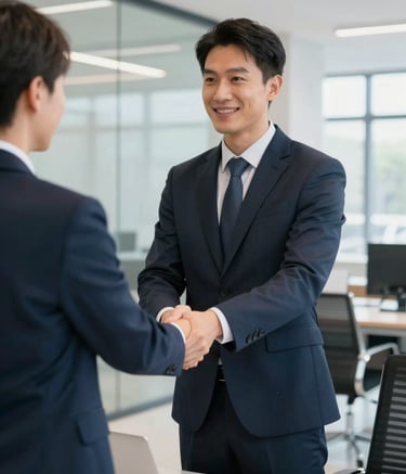 A professional salesperson in a tailored business suit shaking hands with a client in a bright, modern dealership office. The environment is sleek with glass partitions and accents of Dark Slate Navy and Soft Silver Blue. High-end lighting creates a trustworthy and premium atmosphere.