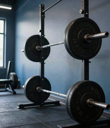 A low-angle, cinematic photograph of a premium, minimalist gym in the United States. The scene features high-quality matte black weight plates and steel bars. The atmosphere is quiet, powerful, and focused, with soft natural light hitting muted blue walls.