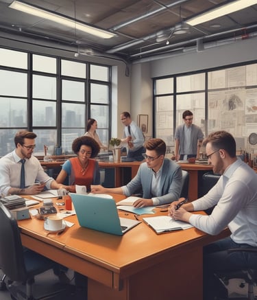 A sleek office space with AI-driven screens displaying analytics.