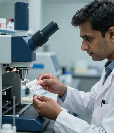 A close-up of a professional pharmaceutical quality control process in a sterile laboratory setting, with a South Asian / Indian scientist in a white lab coat inspecting medicine packaging, using bright light and a corporate navy blue and light blue color palette.