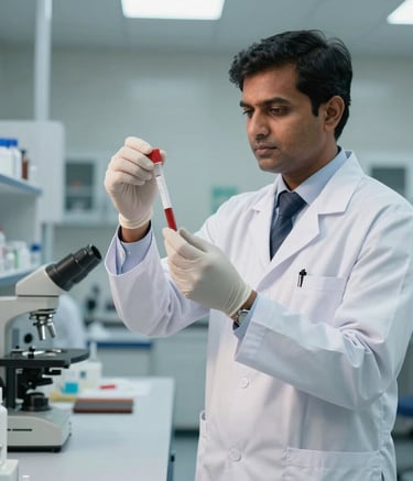 A professional South Asian / Indian laboratory director in a modern white lab coat holding a medical sample, standing in a high-tech Bangalore research facility with soft lighting and a clean, corporate aesthetic.