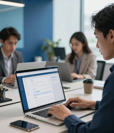 A professional Southeast Asian / Indonesian office setting where a team member is working on a high-end laptop, managing an internal data portal. The environment is modern and sleek, featuring accents of Deep Blue and Sky Blue with soft daylight.