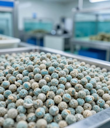 A close-up photograph of high-quality fish feed and aquaculture equipment in a clean, modern facility in a Southeast Asian / Indonesian setting. The lighting is bright and professional, highlighting textures with a color palette of Ocean Blue and Pale Mist.