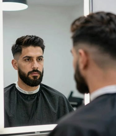 A refined gentleman in South America looking at his reflection in a high-end barber shop mirror, sporting a crisp modern fade and perfectly groomed beard. The lighting is sophisticated, with white and steel blue tones from the brand palette, capturing a moment of pure style.