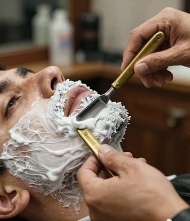 Close-up photography of a professional barber's hands using a classic straight razor on a client in a South American barber shop. The composition features thick white shaving cream and vintage brass tools, emphasizing the purity and elegance of the brand.