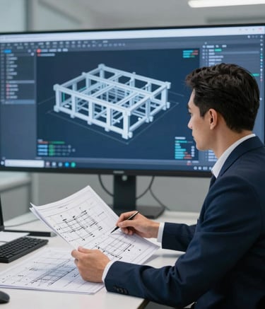A professional engineering office setting in Jubail, showing a structural engineer in professional attire reviewing complex blueprints and 3D structural models on a large screen. The lighting is clean and bright, emphasizing a high-tech and precise engineering environment in the Middle Eastern / Gulf industrial sector, with deep blue and light grey accents.
