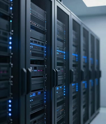 A high-tech, professional server room environment with sleek racks and blue LED indicator lights. The style is modern and sophisticated, using a color palette of #0B1A2A and #345D7E. The lighting is clean and emphasizes precision and technological infrastructure.