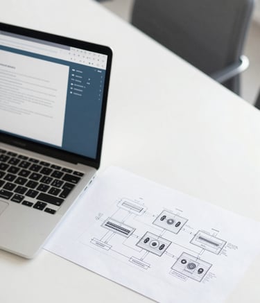 A top-down view of a professional meeting table with a laptop and digital architectural plans for network infrastructure. The setting is clean and modern, incorporating brand shades like #899DAF and #0B1A2A to convey strategic consulting and expert planning.