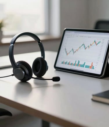 A high-end telecommunication workstation on a polished desk, featuring a modern headset and a tablet displaying financial growth charts, set in a professional Brazilian office with soft morning light.