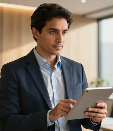 Close-up of a Brazilian financial consultant in a professional light-filled office, holding a digital tablet with confidence, sophisticated expression, warm natural lighting with navy blue and golden yellow highlights.