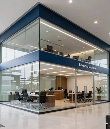 A wide-angle professional photograph of a modern Brazilian wealth management office, featuring sleek glass walls and a clean aesthetic in navy blue and steel blue tones, bright and inviting South American corporate environment.