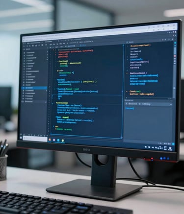 A close-up photograph of a professional workstation in a modern corporate office. A high-resolution monitor displays technical blueprints and code. The lighting is crisp and cool, with shades of deep navy and steel blue reflecting off glass surfaces. The composition is clean and minimalist.