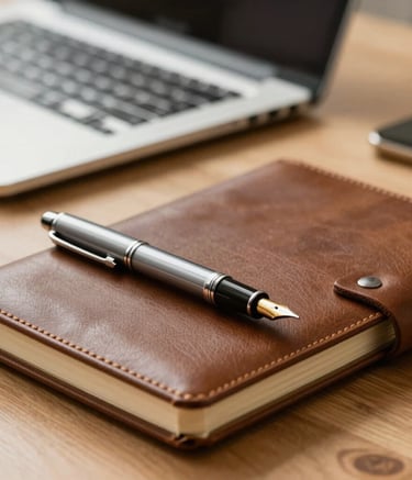 Detail shot of educational tools, a high-quality fountain pen and a leather-bound notebook on a wooden desk, a laptop blurred in the background, soft Golden lighting, European / Portuguese office aesthetic.