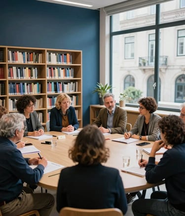 A collaborative workshop in a modern library in Lisbon, people of various ages engaged in a discussion, professional and inspiring atmosphere, soft Dark Blue and Light Blue accents, European / Portuguese architectural details.