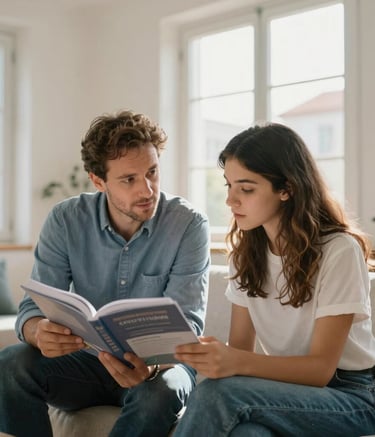 A professional and warm Portuguese tutoring session, a mentor and adult student looking at a textbook together in a bright, modern room with large windows, natural sunlight, soft Muted Blue and Off-white tones, European / Portuguese setting.
