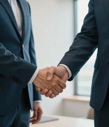 A close-up of a professional handshake between two people in business-casual attire inside a bright, modern North American / US office setting. The palette features Deep Teal accents and Soft Off-White walls.