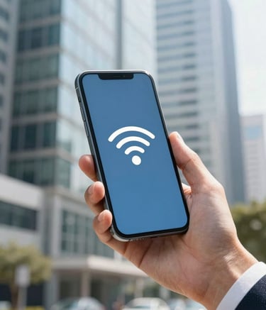 A professional setting in a modern South African business district. A person is holding a smartphone with a high-speed connection icon, with glass architecture and soft white sunlight in the background. Clean, professional, and sophisticated.