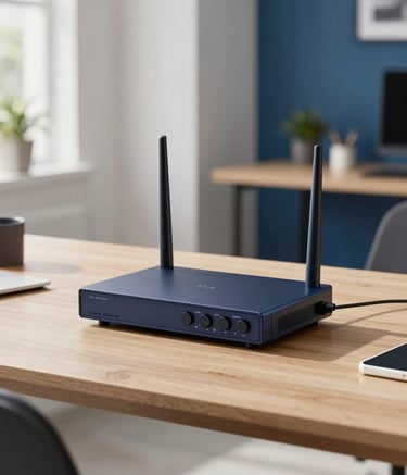 A sleek, modern LTE router placed on a minimalist wooden desk in a bright, sunlit Southern African home office. Professional photography, sharp focus, with soft white and deep blue tones in the background. High-tech and reliable atmosphere.