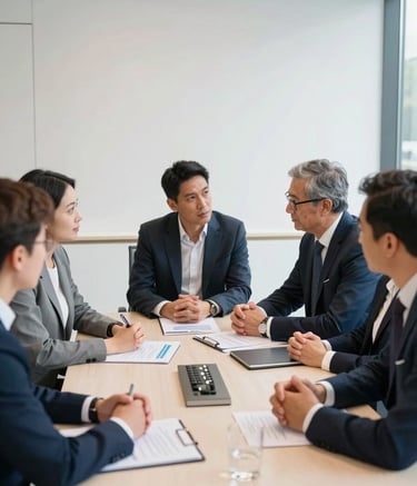 A collaborative strategy meeting in a modern British boardroom. Professionals in smart-casual attire are discussing a brand plan. The lighting is bright and natural, emphasizing a trustworthy and efficient mood. Ghost White and Steel Blue palette.